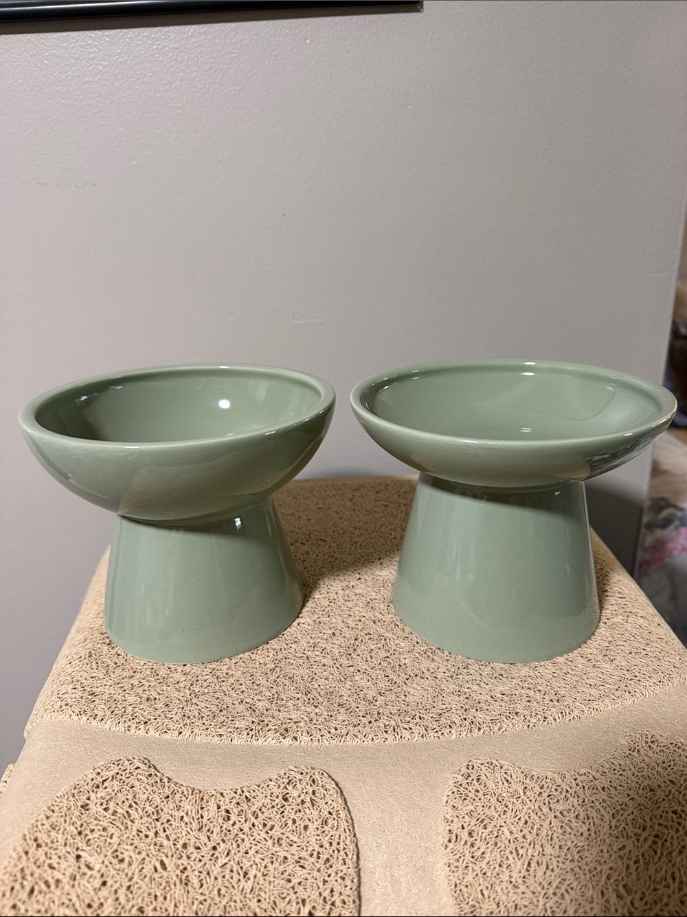 Sage Green Ceramic Pedestal Cat Bowls  -